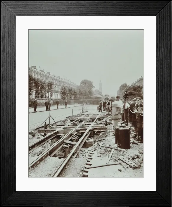 Framed Print : Workmen extending tramlines, Brixton Road, London, 1907 Framed Print : Workmen extending tramlines, Brixton Road, London, 1907