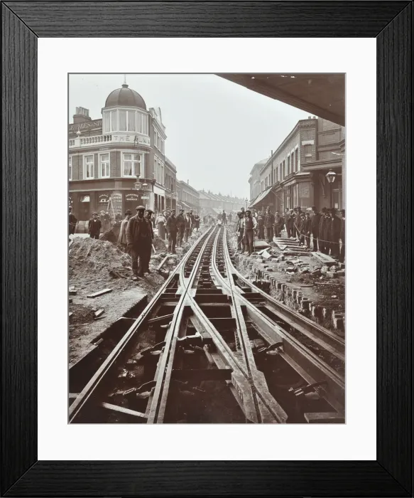 Framed Print : Men working on tramline electricification, Wandsworth, London, 1906 Framed Print : Men working on tramline electricification, Wandsworth, London, 1906