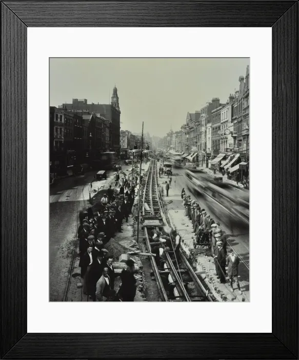 Framed Print : Tramline being laid in the middle of the road, Whitechapel High Street, London, 1929 Framed Print : Tramline being laid in the middle of the road, Whitechapel High Street, London, 1929