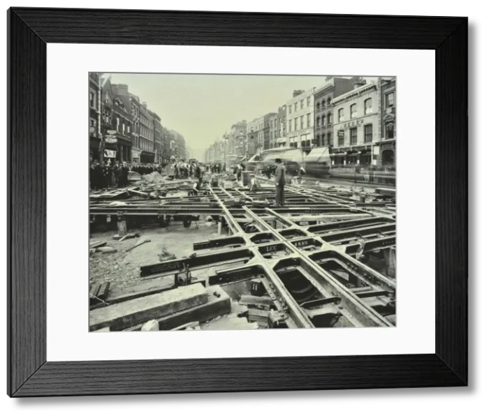 Framed Print : Men laying tramlines at a junction, Whitechapel High Street, London, 1929 Framed Print : Men laying tramlines at a junction, Whitechapel High Street, London, 1929