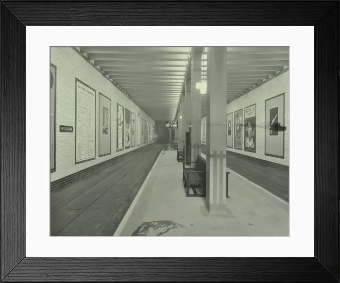 Framed Print : Platform with advertising posters, Holborn Underground Tram Station, London, 1931 Framed Print : Platform with advertising posters, Holborn Underground Tram Station, London, 1931
