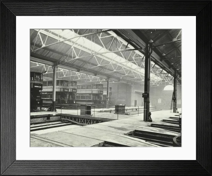 Framed Print : Camberwell Car Shed and trams, London, 1914 Framed Print : Camberwell Car Shed and trams, London, 1914