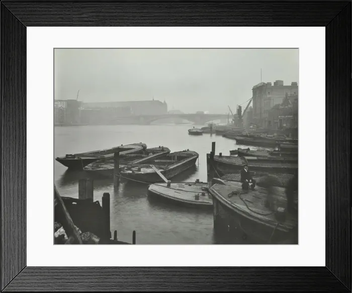Framed Print : Barges moored at Bankside wharves looking downstream, London, 1913 Framed Print : Barges moored at Bankside wharves looking downstream, London, 1913