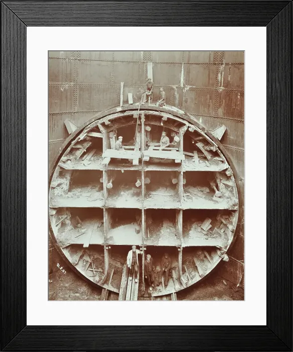 Framed Print : Men standing in the cutting shield, Rotherhithe Tunnel, Stepney, London, August 1907 Framed Print : Men standing in the cutting shield, Rotherhithe Tunnel, Stepney, London, August 1907