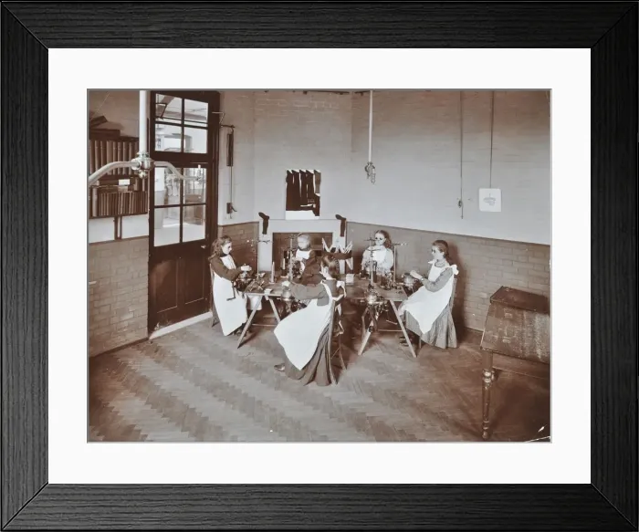 Framed Print : Girls knitting socks by machine at the Elm Lodge School for Blind Girls, London, 1908 Framed Print : Girls knitting socks by machine at the Elm Lodge School for Blind Girls, London, 1908