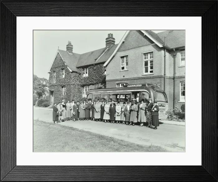 Framed Print : Group of women visitors in front of a school, Croydon, 1937 Framed Print : Group of women visitors in front of a school, Croydon, 1937