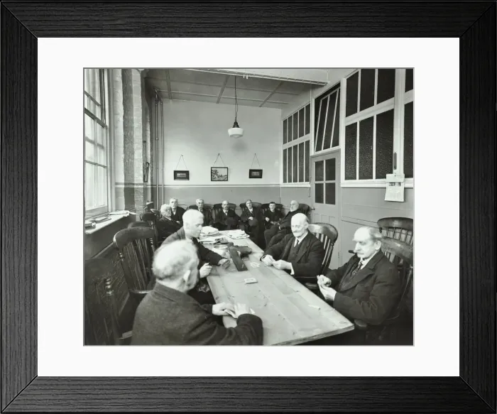 Framed Print : Pensioners playing cards in the Mens Day Room, Lambeth Home for Aged Poor, London, 1935 Framed Print : Pensioners playing cards in the Mens Day Room, Lambeth Home for Aged Poor, London, 1935