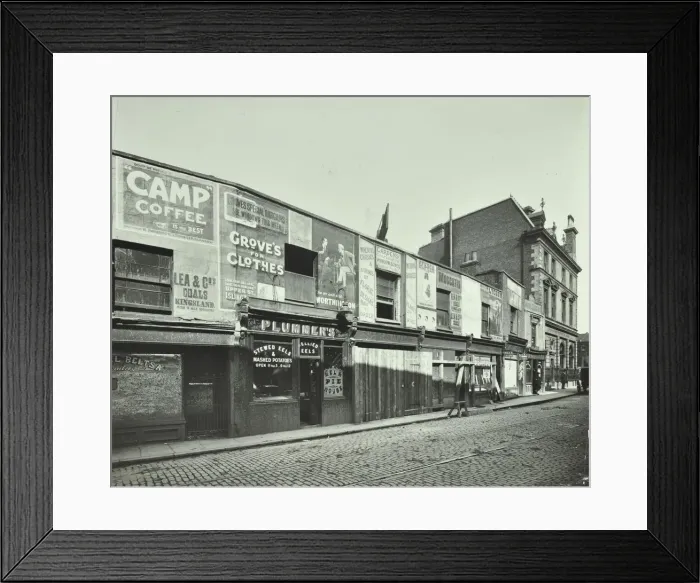 Framed Print : Row of shops with advertising hoardings, Balls Pond Road, Hackney, London, September 1913 Framed Print : Row of shops with advertising hoardings, Balls Pond Road, Hackney, London, September 1913