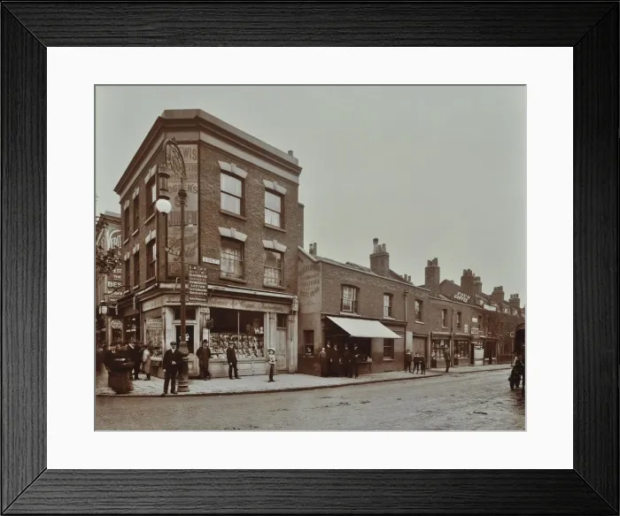 Framed Print : Row of shops in Lea Bridge Road, Hackney, London, September 1909