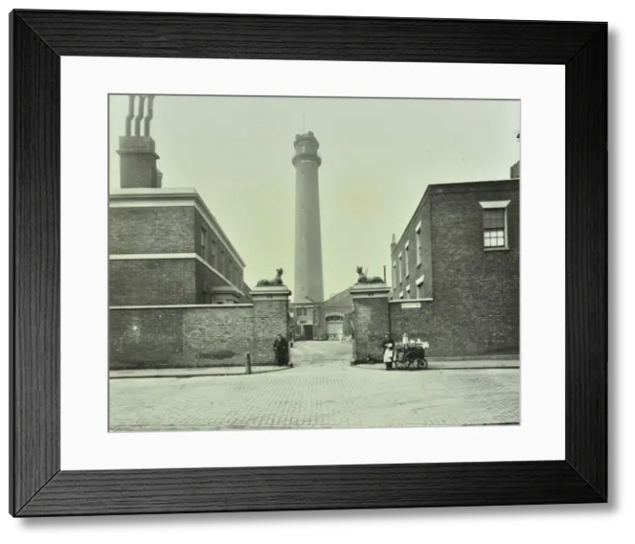 Framed Print : Shot Tower, gates with sphinxes, and milk cart, Belvedere Road, Lambeth, London, 1930 Framed Print : Shot Tower, gates with sphinxes, and milk cart, Belvedere Road, Lambeth, London, 1930
