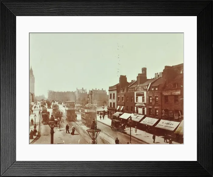 Framed Print : Double-decker electric trams on Westminster Bridge, London, 1906 Framed Print : Double-decker electric trams on Westminster Bridge, London, 1906