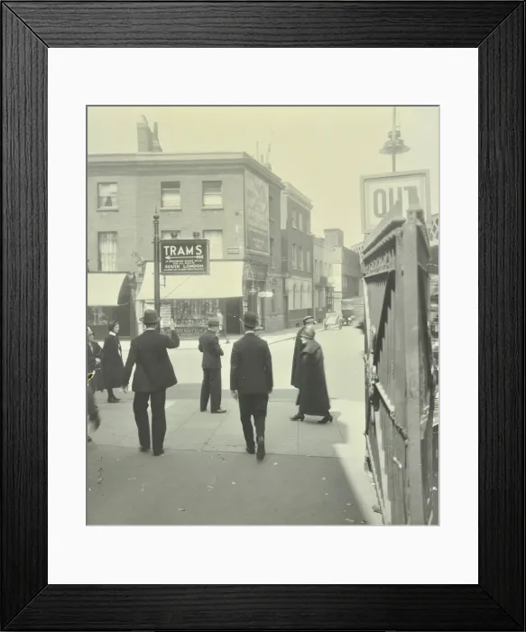Framed Print : Pedestrians and tram sign outside Waterloo Station, Lambeth, London, 1929 Framed Print : Pedestrians and tram sign outside Waterloo Station, Lambeth, London, 1929