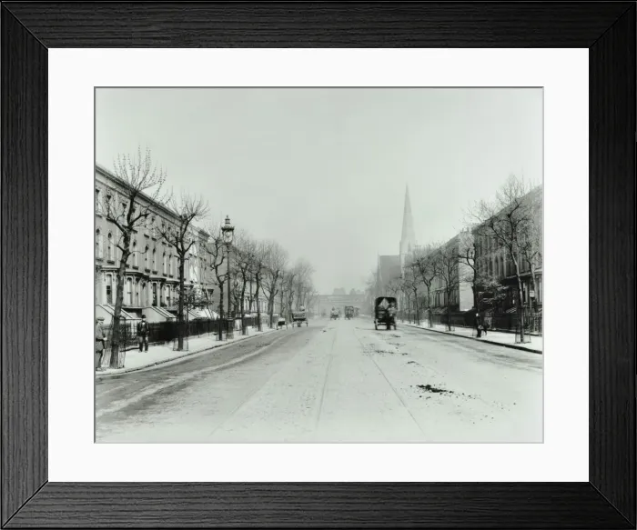 Framed Print : Broad tree-lined street with tramlines, Burdett Road, Stepney, London, 1912 Framed Print : Broad tree-lined street with tramlines, Burdett Road, Stepney, London, 1912