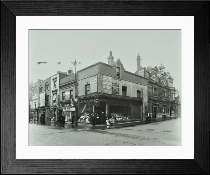 Framed Print : Shops and sign to Putney Roller Skating Rink, Putney Bridge Road, London, 1911 Framed Print : Shops and sign to Putney Roller Skating Rink, Putney Bridge Road, London, 1911