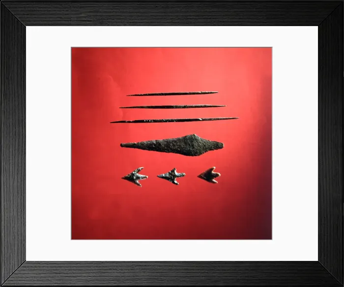 Framed Print : Arrowheads peduncle and fins on flint, dagger and biconical punches on copper Framed Print : Arrowheads peduncle and fins on flint, dagger and biconical punches on copper