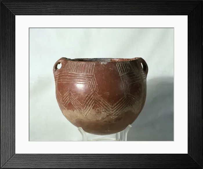 Framed Print : Red ochre glass (painted with a red slip of iron oxide), with incised parallel lines Framed Print : Red ochre glass (painted with a red slip of iron oxide), with incised parallel lines
