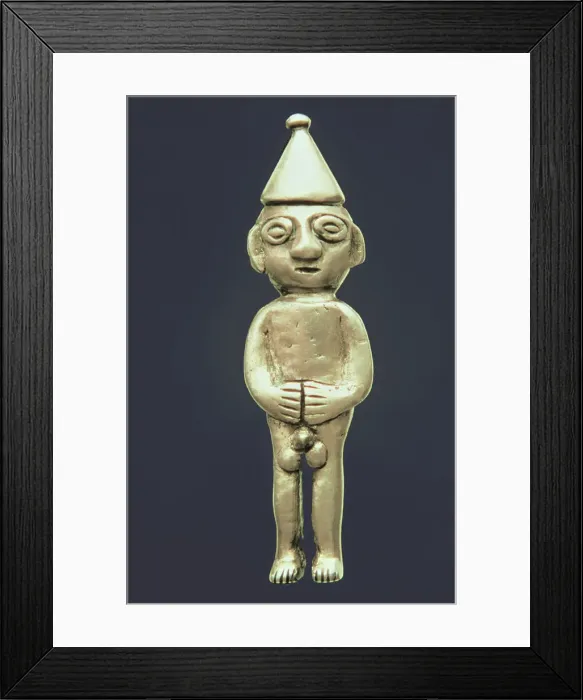 Framed Print : Anthropomorphic figure made of silver representing a male person standing with his Framed Print : Anthropomorphic figure made of silver representing a male person standing with his