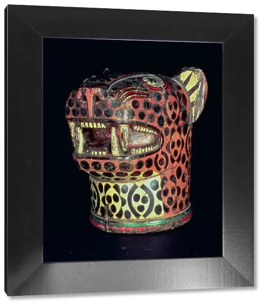 Kero or carved wood vase, jaguar head shaped, in polychromed wood