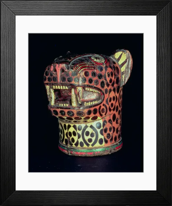Framed Print : Kero or carved wood vase, jaguar head shaped, in polychromed wood Framed Print : Kero or carved wood vase, jaguar head shaped, in polychromed wood