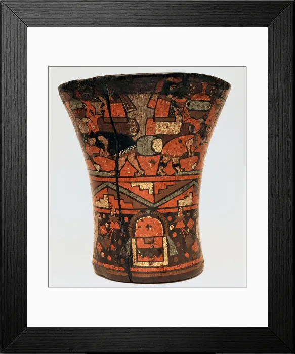 Framed Print : Kero or ceremonial vessel with agricultural scenes in painted wood, 1500-1700, part Framed Print : Kero or ceremonial vessel with agricultural scenes in painted wood, 1500-1700, part
