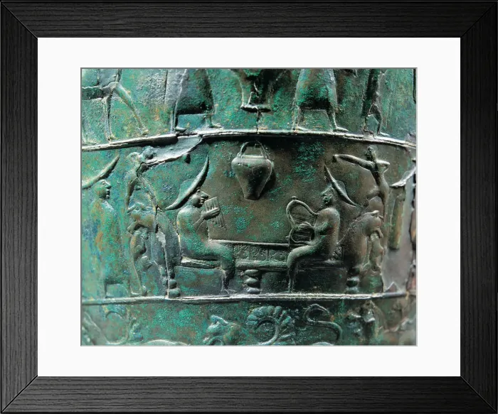 Framed Print : Scene from a situla in bronze of the Certusa of Bologna with a character playing the harp Framed Print : Scene from a situla in bronze of the Certusa of Bologna with a character playing the harp