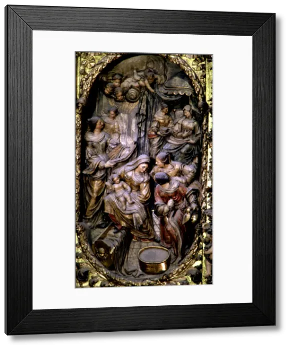 Framed Print : Birth of the Virgin Mary, detail of the altarpiece in the church of Santa Maria Framed Print : Birth of the Virgin Mary, detail of the altarpiece in the church of Santa Maria