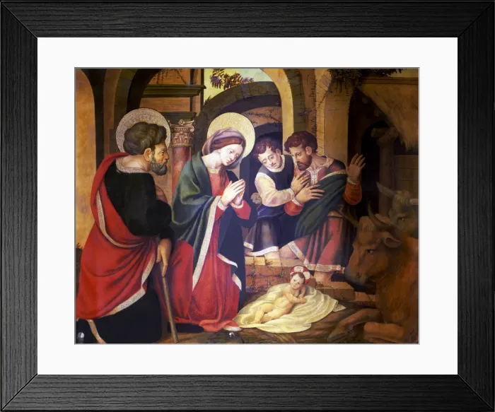 Framed Print : Birth and Adoration of the Shepherds. Detail of the altarpiece with scenes of Framed Print : Birth and Adoration of the Shepherds. Detail of the altarpiece with scenes of