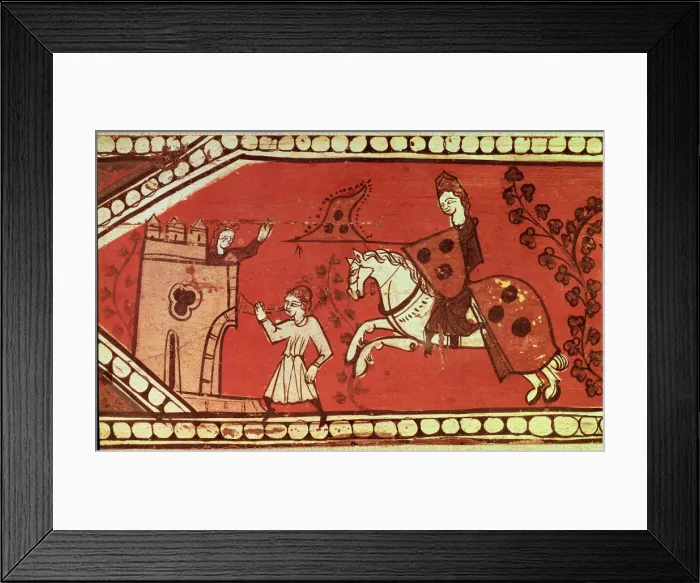 Framed Print : Cavalry scene with a herald and a lady. Ending of a carved wooden and polychromed Framed Print : Cavalry scene with a herald and a lady. Ending of a carved wooden and polychromed