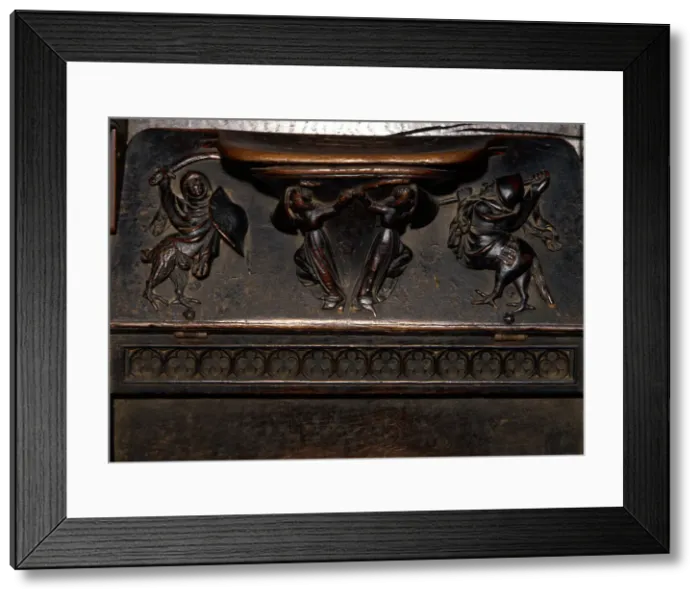 Framed Print : Detail of the choir ashlar work of the Cathedral of Barcelona, made in oak wood, Reliefs of Mercy Framed Print : Detail of the choir ashlar work of the Cathedral of Barcelona, made in oak wood, Reliefs of Mercy