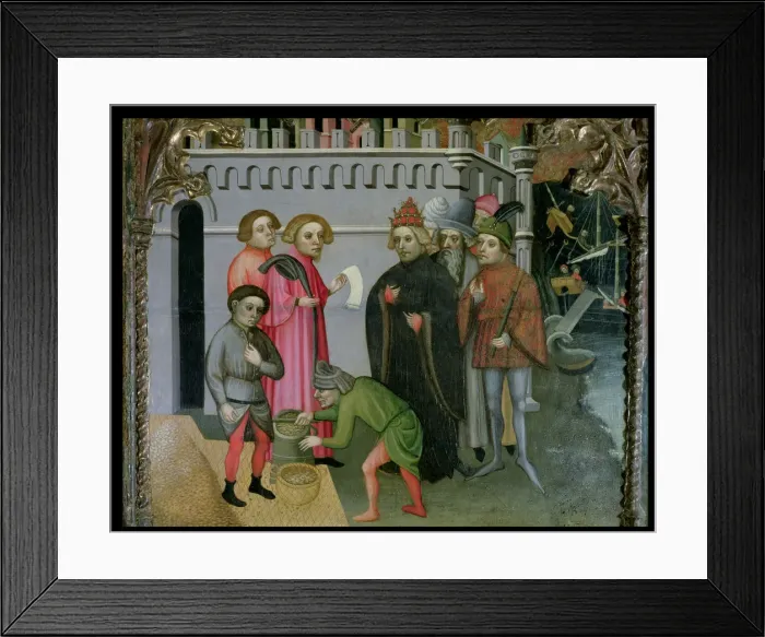 Framed Print : Altarpiece of Saint Michael and Saint Nicolas. Scene of the prodigious reproduction of the corn Framed Print : Altarpiece of Saint Michael and Saint Nicolas. Scene of the prodigious reproduction of the corn