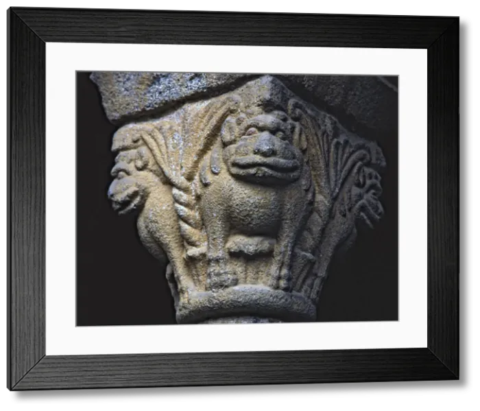 Framed Print : Capital of the cloister of the Cathedral of La Seu d Urgell, decorated with a lion Framed Print : Capital of the cloister of the Cathedral of La Seu d Urgell, decorated with a lion