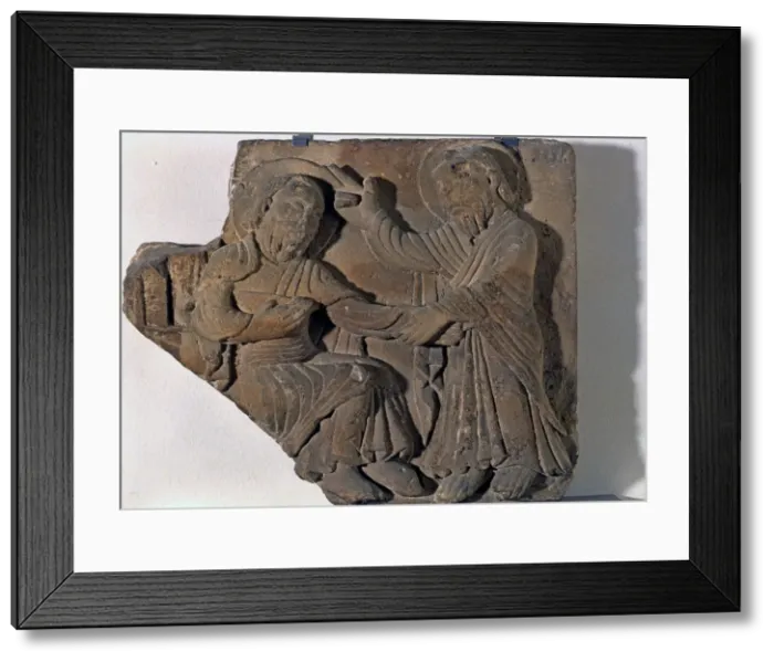Framed Print : Relief with Christ and St. Peter, high-relief in stone from Vic Cathedral Framed Print : Relief with Christ and St. Peter, high-relief in stone from Vic Cathedral