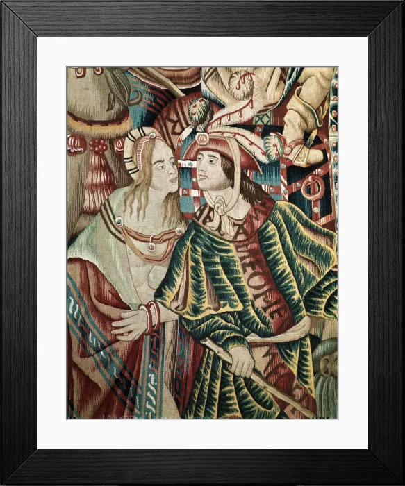 Framed Print : A Portuguese man and an Indian woman. Detail of a Flemish tapestry from Tournai Framed Print : A Portuguese man and an Indian woman. Detail of a Flemish tapestry from Tournai