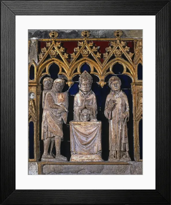 Framed Print : Tomb of Saint Narcissus. Front detail with Saint Narcissus saying Mass between warriors