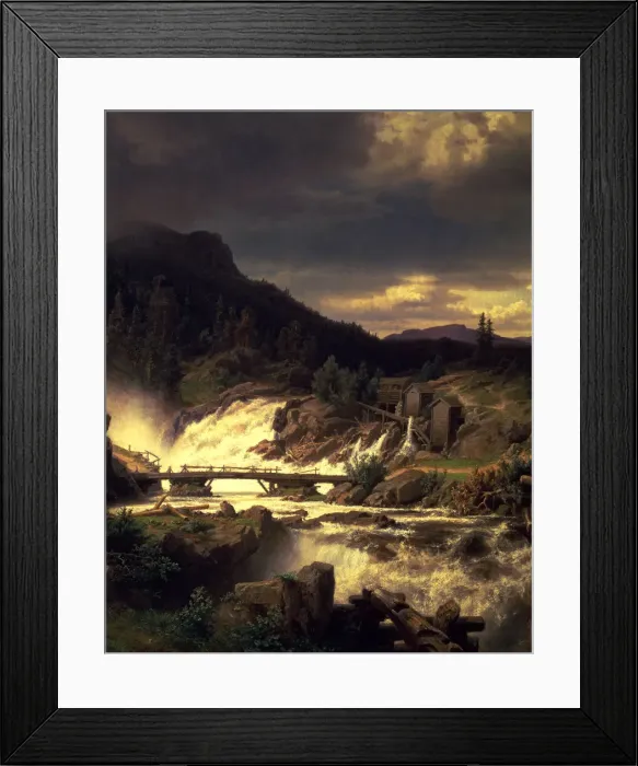 Framed Print : Landscape with waterfall in Norway, oil on canvas by Erik Bodom Framed Print : Landscape with waterfall in Norway, oil on canvas by Erik Bodom
