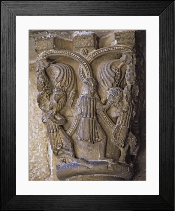 Framed Print : Capital decorated with the Good Shepherd with two figures on each side carrying a lamb Framed Print : Capital decorated with the Good Shepherd with two figures on each side carrying a lamb