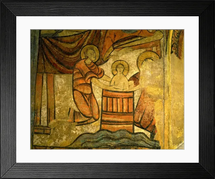 Framed Print : Bathing the Baby Jesus in a wooden bowl, scene inspired by the apocryphal gospels Framed Print : Bathing the Baby Jesus in a wooden bowl, scene inspired by the apocryphal gospels