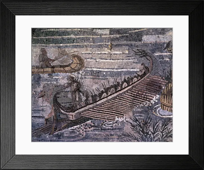 Framed Print : Greek boat sailing the Nile River Delta, fragment of the Barberini mosaic Framed Print : Greek boat sailing the Nile River Delta, fragment of the Barberini mosaic