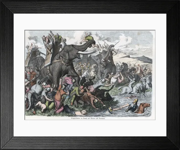 Framed Print : Greeks with elephants fighting against Dacians and Sarmatians, engraving 1865 Framed Print : Greeks with elephants fighting against Dacians and Sarmatians, engraving 1865