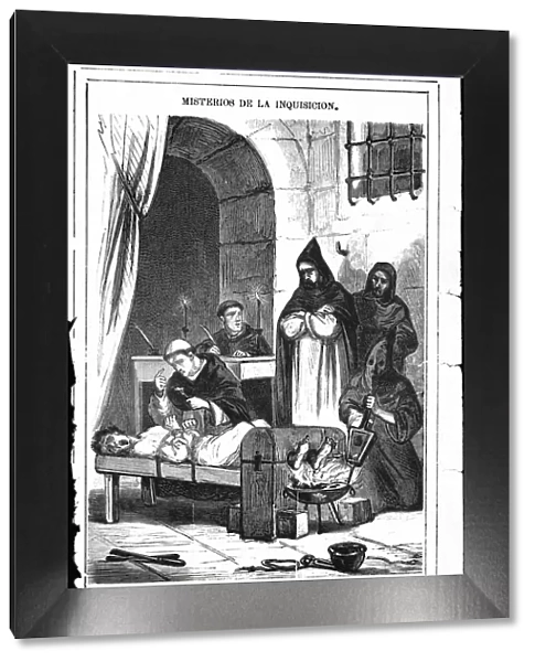 Dungeons of the Inquisition, scene of confession by torture of fire in the feet, engraving, 1880