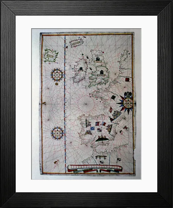 Framed Print : Atlas of Joan Martines, Messina, 1582. Portulan chart of Western Europe showing Framed Print : Atlas of Joan Martines, Messina, 1582. Portulan chart of Western Europe showing