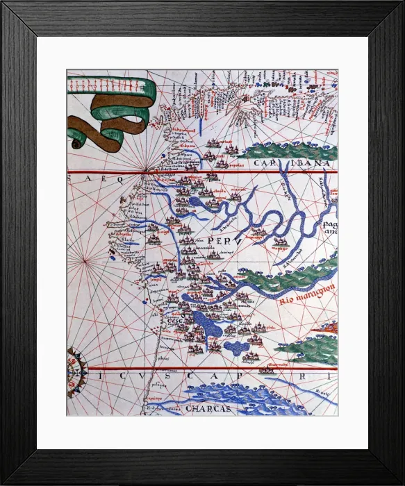 Framed Print : Atlas of Joan Martines, Messina, 1582. Portulan chart of the West Coast of America (Peru