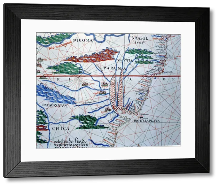 Framed Print : Atlas of Joan Martines, Messina, 1582. Portulan chart of South America Framed Print : Atlas of Joan Martines, Messina, 1582. Portulan chart of South America
