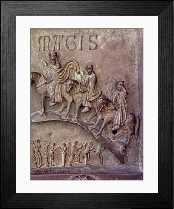 Framed Print : The Magi. Bronze relief at the south gate of the transept of Pisa Cathedral, designed Framed Print : The Magi. Bronze relief at the south gate of the transept of Pisa Cathedral, designed
