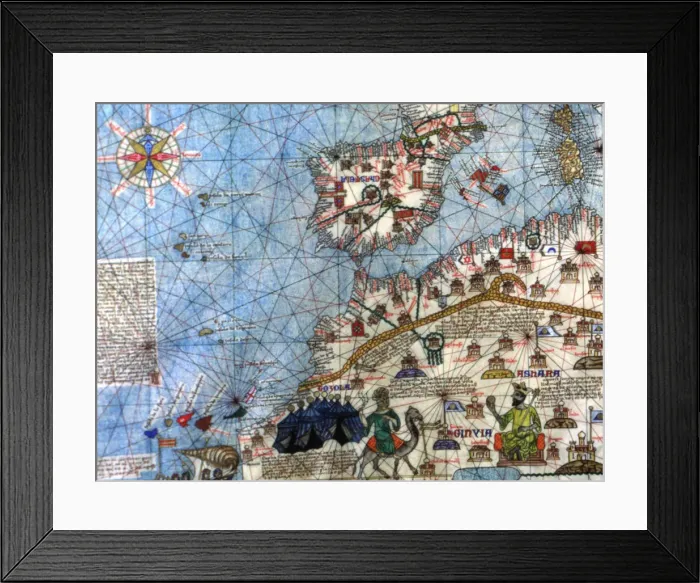 Framed Print : Catalan Atlas (1375). Detail of Spain and North Africa Framed Print : Catalan Atlas (1375). Detail of Spain and North Africa