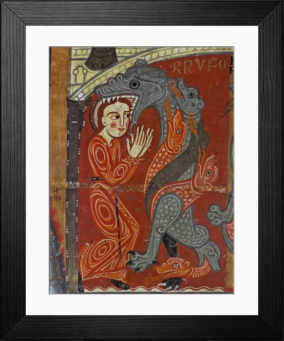 Framed Print : Detail of the altar front in the chapel of Santa Margarita, with a scene of a dragon Framed Print : Detail of the altar front in the chapel of Santa Margarita, with a scene of a dragon