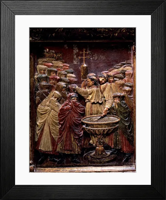 Framed Print : Forced Baptism of Arab women, after the taking of Granada, attic with wooden relieves Framed Print : Forced Baptism of Arab women, after the taking of Granada, attic with wooden relieves