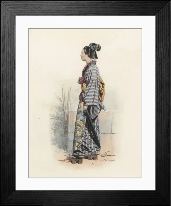 Framed Print : Japanese woman dressed in street clothes, color engraving 1870 Framed Print : Japanese woman dressed in street clothes, color engraving 1870
