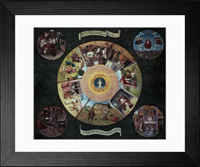 Framed Print : The Table of the deadly sins, oil on panel in the original form of desktop of Framed Print : The Table of the deadly sins, oil on panel in the original form of desktop of