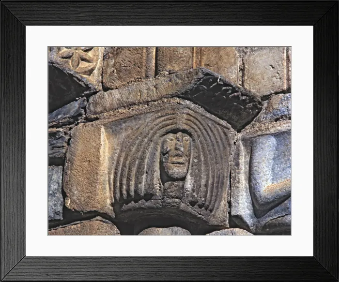 Framed Print : Female Head, capital of the facade of the church of San Luis de Alos d Aneu Framed Print : Female Head, capital of the facade of the church of San Luis de Alos d Aneu